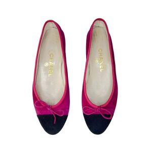 Chanel Hot Pink/Raspberry and Black Cap Toe Suede Bow Ballet Flats